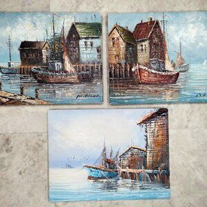 nautical paintings vintage oil on canvas signed set of 3